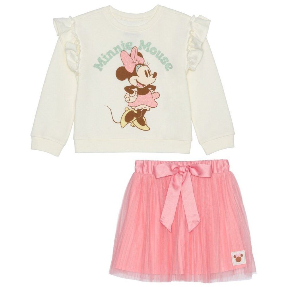 Disney Junior Minnie Mouse Long Sleeve 2-Piece Ivory Pink Skirt Set Toddler 4